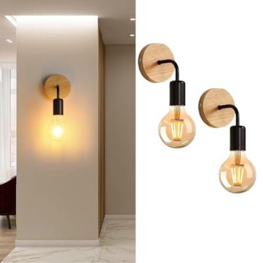 Imagem de GZZBMY E27 Arandelas de Parede Industrial Vintage Iluminação de Parede Interior Preto Madeira Retrô Metal Arandela para Quarto Cabeceira Sala de Estar Escada (sem Lâmpadas) (Preto, 2 peças)