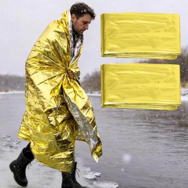 Imagem de Cobertor térmico de emergência, 2 peças, 203 x 139 cm, cobertor espacial portátil Mylar, sobrevivência, acampamento, caminhada, maratona, kit de primeiros socorros, equipamento de resgate