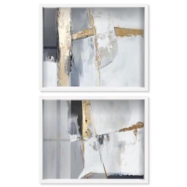 Imagem de Conjunto de 2 decoração de parede Boho com estampa de caixa de sombra, glamour, dourado da Art Remedy, moldura branca, 78 x 63 cm