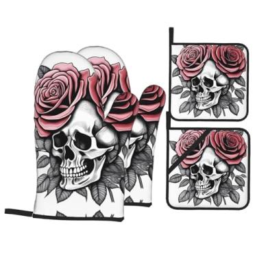 Imagem de Conjunto de luvas de forno estampadas com caveira com flores em grampo de cabelo, conjunto de 4 peças adequado para grelhar, cozinhar e assar