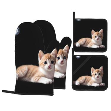 Imagem de Conjunto de luvas de forno com estampa de gato silencioso, conjunto de 4 peças, adequado para grelhar, cozinhar e assar