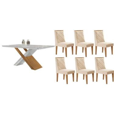 Imagem de Conjunto: Mesa Sala Jantar Imperatriz Tampo c/ Vidro Curvo 180cm+6 Cadeiras Pietá Madeira Naturale/Off White - Capuccino/Suede Creme - Rufato