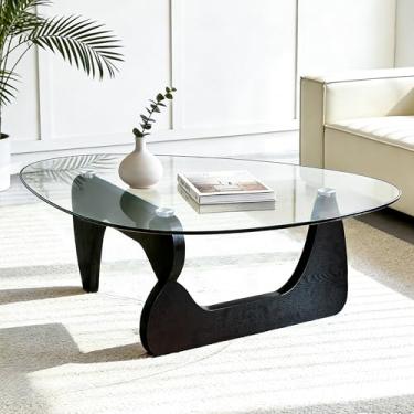 Imagem de Mesa de centro preta para sala de estar, mesa central oval moderna de 90 cm com tampo de vidro temperado e base de madeira resistente, fácil de instalar, coquetel de chá simples para apartamento