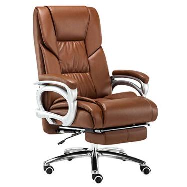 Imagem de Cadeira executiva ergonômica para escritório, cadeira giratória com apoio para os pés, função de inclinação de 150°, cadeira de mesa de computador, couro genuíno, liga de alumínio, pés, marrom