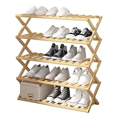 Imagem de Prateleira de sapateira organizador simples de bambu 5 camadas sapateira econômica armazenamento de sapatos instalação gratuita quarto sala de estar armazenamento de sapatos suporte de sapatos (cor