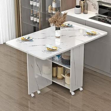 Imagem de Mesa de jantar dobrável, mesa de jantar de folhas caídas com 6 rodas e prateleira de armazenamento de 2 camadas, mesa de jantar e escritório com extensão dobrável e dobrável, móveis extensíveis para