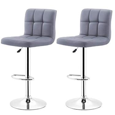 Imagem de Banquetas de bar giratórias ajustáveis com altura de bar, bancos altos estofados de couro sintético acolchoado com costas para cozinha, sala de estar, conjunto de 2 vermelhos (cinza)