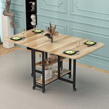 Imagem de Mesa de jantar dobrável, mesa de jantar dobrável, mesa de jantar de madeira com 6 rodas, 2 prateleiras de armazenamento abertas, mesa de cozinha extensível móvel para economia de espaço (cor: estilo 2