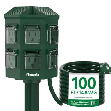 Imagem de Flexoria Régua elétrica externa à prova d'água, cabo de extensão de 3 pés, 6 tomadas aterradas para decorações de Halloween/Natal e infláveis, 15A/1875W, listado ETL (30,5 m)