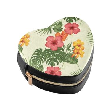 Imagem de Burbuja Caixa de joias em forma de coração com folhas de flores tropicais, mini estojo de viagem para mulheres e meninas, organizador portátil de armazenamento para brincos, anéis, colares e pulseiras