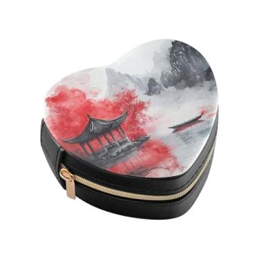 Imagem de Burbuja Caixa de joias em forma de coração com pintura a tinta chinesa, mini estojo de viagem para mulheres e meninas, organizador portátil de armazenamento para brincos, anéis, colares e pulseiras