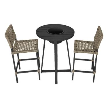 Imagem de Conjunto Bistrô Champanheira Tampo Ripado E 2 Banquetas França Corda Náutica Rami - Cor: Bege