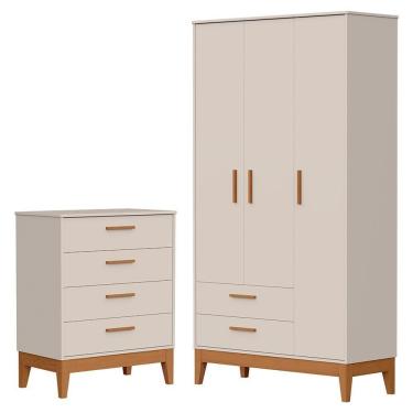 Imagem de Jogo De Quarto Infantil Flip Guarda Roupa 3 Portas E Cômoda 4 Gavetas Areia Fosco - Reller Móveis Areia Fosco