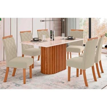 Imagem de Conjunto Mesa Sala Jantar Solana Com Tampo Madeirado Com Vidro Reto 160x90cm E 6 Cadeiras Bella Nature Linho Henn