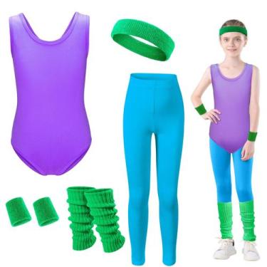 Imagem de Fantasia KAIPUTE Kids 80s 90s Workout para meninas roxa de 7 a 8 anos