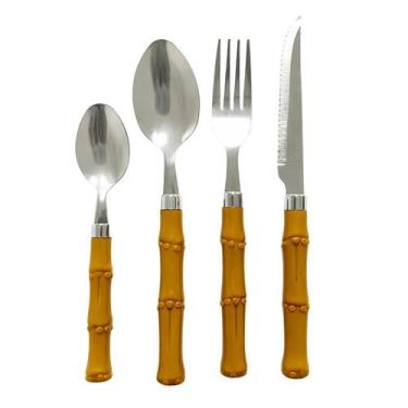 Imagem de Conjunto 16 Talheres em Inox Colher Faca Garfo Estilo Bambu - Fratelli