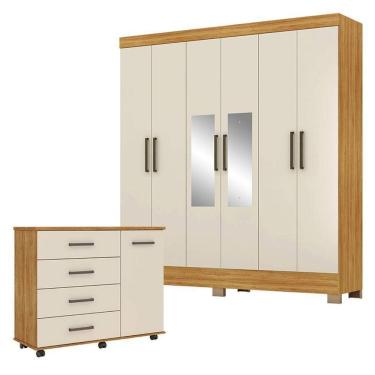 Imagem de Cômoda Flora e Guarda Roupa Casal Prático Cinamon Touch Off White com Espelho – Demóbile