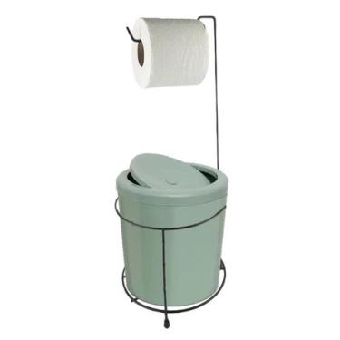 Imagem de Suporte Porta Papel Higiênico Preto Com Lixeira 5L Cesto Lixo Verde Ta