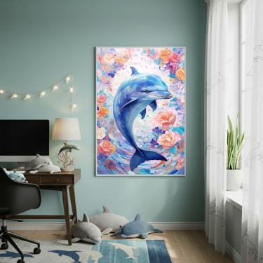 Imagem de Quadro Decorativo Golfinho Com Rosas 70x50cm Mold Branca