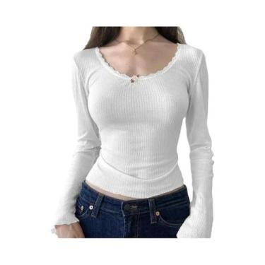 Imagem de Top Cropped Branco Y2K Com Renda Floral, Ajuste Slim, Casual, Vintage,