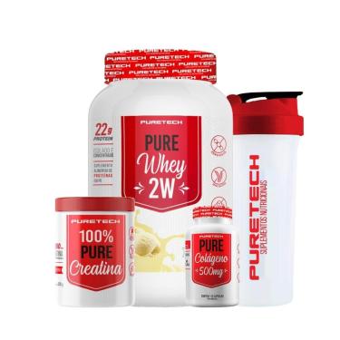 Imagem de Kit Whey Pure 2W 900g + Colágeno 120Caps + Creatina 100% Pura 300g + Coqueteleira PURET...