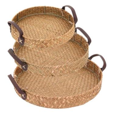 Imagem de Kit 3 bandejas decorativa para servir homeco fibra natural bege - NH