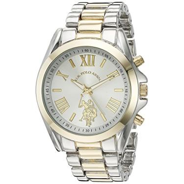 Imagem de U.S. Polo Assn. Relógio analógico feminino – mostrador prateado com pulseira de aço inoxidável prateado e dourado em dois tons – Design elegante com algarismos romanos, Prata, Clássico