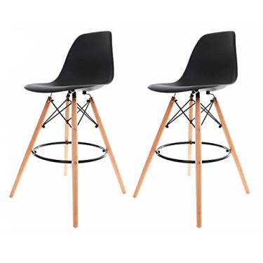Imagem de Kit 2 Banquetas Cadeiras Alta Com Encosto Alto Para Cozinha Americana Bar Bancada Balcão Restaurante Ilha Area Gourmet Fixa Charles Eames Eiffel Base Madeira