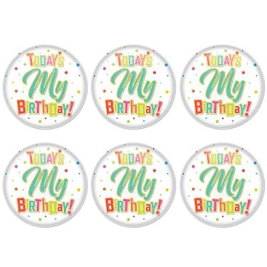 Imagem de Beistle 6 peças Today's My Birthday Pinback broche para suprimentos de lembrancinhas de festa, 5 cm, branco/multicolorido