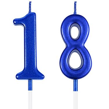 Imagem de Velas de números de bolo de aniversário de 18 anos Velas de aniversário de 18 anos Velas de topo de bolo azuis para festa de aniversário Lembrança de bolo de aniversário de casamento Suprimentos de celebração