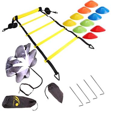 Imagem de Speed Footaball Conjunto de equipamentos de treinamento de escada de agilidade com disco de paraquedas de resistência 12 degraus escada de prática de exercícios de esportes ao ar livre, cor, 6 m