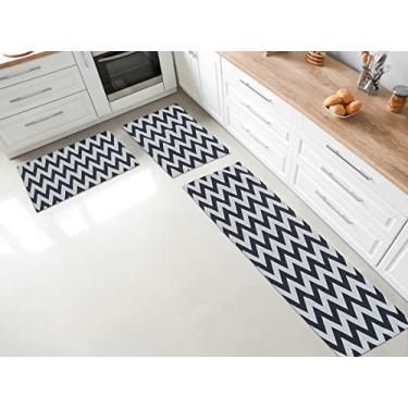 Imagem de Jogo Tapete e Passadeira para Cozinha Antiderrapante em Jacquard - 1,30x0,45m e 65x45cm (Chevron Preto)