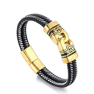Imagem de XLTFZY Pulseiras Viking masculinas femininas pulseira vintage nórdica única runa pulseira martelo pulseira de couro envolto joias de aço inoxidável/ouro