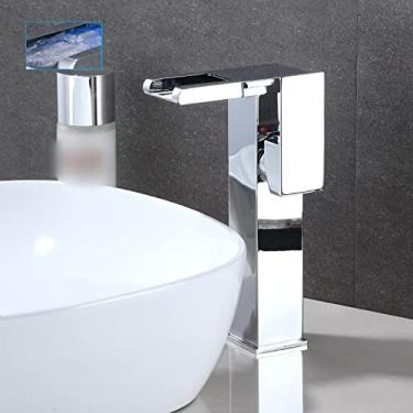 Imagem de Conjunto de torneiras de lavatório de banheiro com cascata de LED de latão Misturador de água quente e fria Torneira de pia com guindaste Mudança de cor Alimentado por torneiras de fluxo de água, Cromado B
