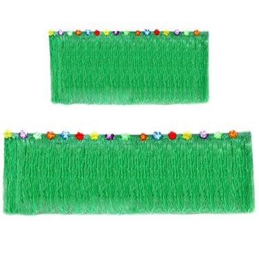 Imagem de Saia de mesa havaiana com elasticidade de até 30 pés! | (73,66 cm de altura) decoração de festa verde de luau hibisco verde | decoração de tema tropical (1 saia de mesa)