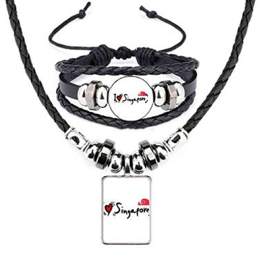 Imagem de I Love Singapura Bandeira de Palavra Amor Coração Ilustração Colar de Couro Pulseira Conjunto de Joias