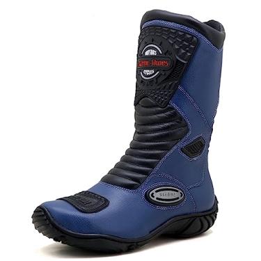 Imagem de Bota motociclista couro semi-impermeável ajuste panturrilha 420 (46, Azul Preto)