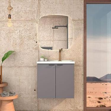 Imagem de Gabinete para Banheiro em Madeira com Lavatório em Mármore Sintético Aster Cinza