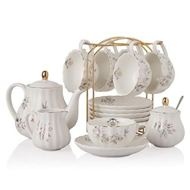 Imagem de Jogo de chá de porcelana série British Royal, xícaras de 236 ml e pires para 6, com bule, açucareiro, leiteira, colheres de chá e infusor, adequado para chá da tarde, casamento, festa, glória-da-manhã
