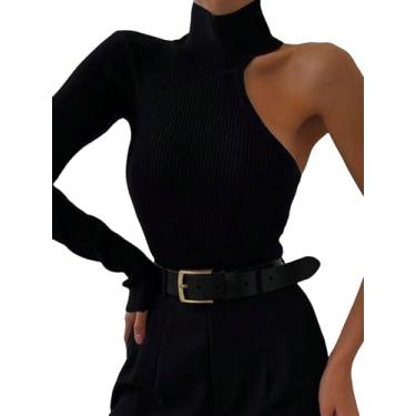 Imagem de WDIRARA Body feminino recortado de um ombro manga longa gola redonda casual bodycon camisas de malha canelada tops, Preto, P