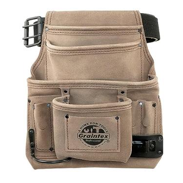 Imagem de Graintex SS2280 Bolsa para unhas e ferramentas com 10 bolsos de couro de camurça cor bege com cinto de couro de 5 cm para construtores, eletricistas, encanadores, faz-tudo, padrão
