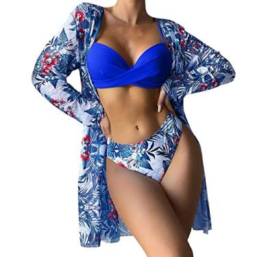Imagem de Biquínis femininos de cintura alta 2024 sexy conjunto de biquíni 3 peças saída de praia para mulheres com estampa floral frente única, M, M