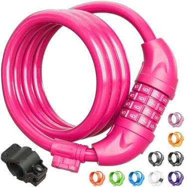 Imagem de Titanker Cadeado de bicicleta, combinação reiniciável de segurança de 1,2 m, travas de cabo de bobinamento para bicicleta com suporte de montagem, diâmetro de 1,27 cm (rosa)