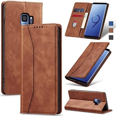Imagem de Jasonyu Flip Carteira Capa para Samsung S9,Capinha Folio Magnética de Couro com Suporte para Cartão,Suporte para Chute - Protetora Durável de TPU à Prova de Choque para Telefone,Marrom