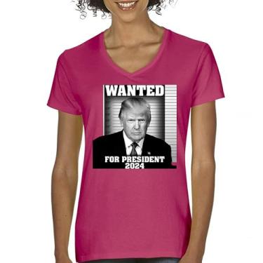 Imagem de Camiseta feminina com gola V Donald Trump Wanted for President 2024 Mugshot MAGA America First Republican Conservative FJB Tee, Rosa choque, M
