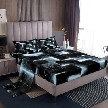 Imagem de Jogo de cama de búfalo brilhante 3D branco acinzentado, preto, moderno, abstrato, geométrico, xadrez, lençol de cima com cubos futuristas gradientes