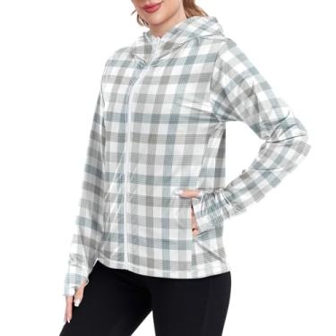 Imagem de JUNZAN Camisetas femininas com proteção solar xadrez cinza FPS 50+ manga comprida moletom com capuz legal, Xadrez cinza xadrez, GG