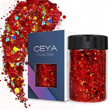 Imagem de Ceya Glitter grosso holográfico 100 g vermelho artesanato glitter pó misturado flocos finos iridescentes lantejoulas para arte de unhas, cabelo, resina epóxi, copos, geleca, pintura, decoração de festivais