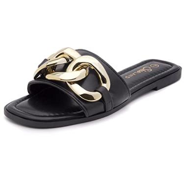 Imagem de Shoe Land EMMA Sandália rasteira feminina quadrada aberta dedo único, Preto, 9