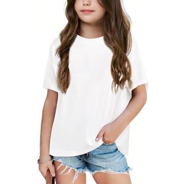 Imagem de Camisetas femininas fashion com bainha crua de manga curta de verão de 5 a 14 anos, Branco, 13-14 Anos
